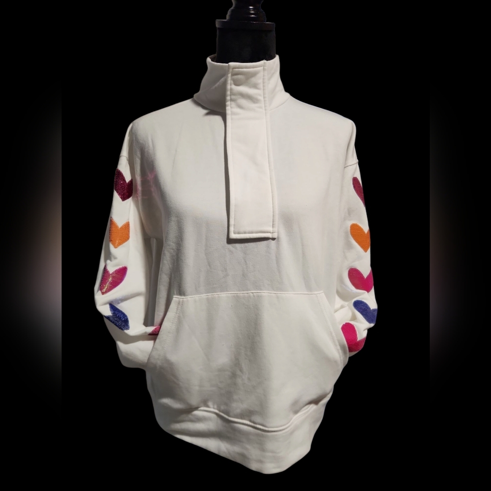 White Pullover with Heart Sleeve Accents